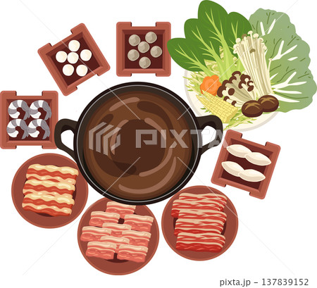 hot pot shabu shabu asian food set top view with meat seafood vegetables hot pot shabu shabu asian food set top view with meat seafood vegetables 137839152