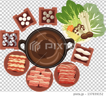 hot pot shabu shabu asian food set top view with meat seafood vegetables hot pot shabu shabu asian food set top view with meat seafood vegetables 137839152