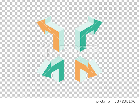 A design set of three-dimensional arrows bent at right angles in green and orange. A design set of three-dimensional arrows bent at right angles in green and orange. 137839176