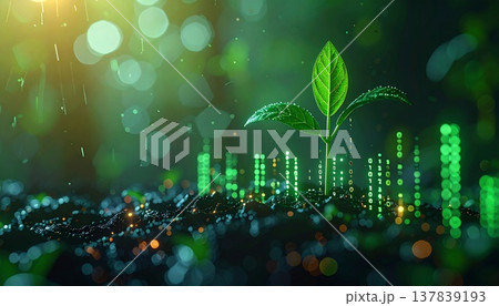 IT技術による持続可能な成長とエコロジーを象徴する光り輝くデジタルデータと若葉のサイバー空間素材 137839193