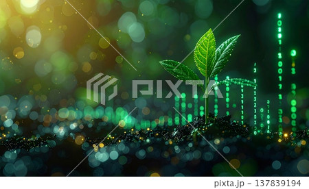 IT技術による持続可能な成長とエコロジーを象徴する光り輝くデジタルデータと若葉のサイバー空間素材 IT技術による持続可能な成長とエコロジーを象徴する光り輝くデジタルデータと若葉のサイバー空間素材 137839194