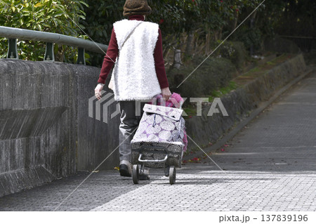 日本の横浜都市景観隙間だらけのマスク姿…カートの高齢女性、段差や隙間でカートはガタガタ揺れ歩きにくい 137839196