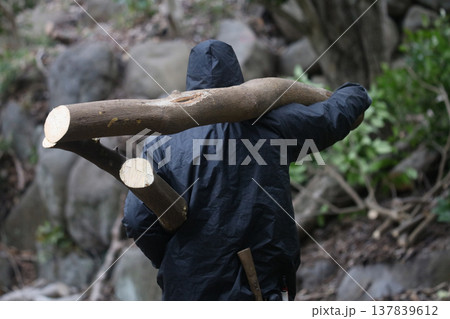 木を担いで運ぶ男性 137839612
