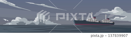 Horizontal or Landscape view of transport large oil tanker is sailing in the middle of the sea. Lonely and vast atmosphere at sea in the evening. Under the sky and clouds with free space. 137839907