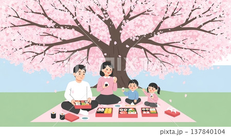 桜並木で楽しむ家族のピクニック 137840104
