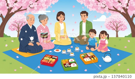 春のピクニックを楽しむ家族 137840110