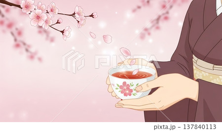 桜舞う春、湯呑みの温もり 137840113