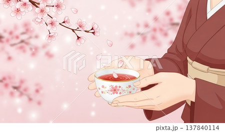 桜並木と温かいお茶のひととき 137840114