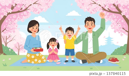 桜並木で楽しむ家族のピクニック 137840115