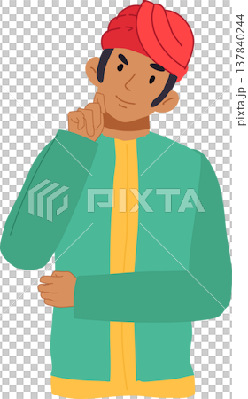 young man thinking with hand on chin in casual outfit and headwear young man thinking with hand on chin in casual outfit and headwear 137840244