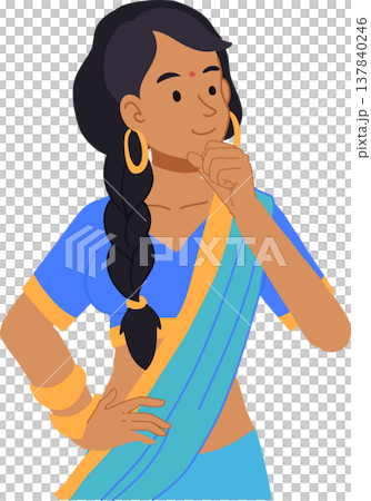 indian woman thinking pose in sari. south asian woman thinking expression wearing traditional sari 137840246
