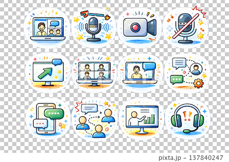 一組代表線上溝通和會議的商務圖示。 一組代表線上溝通和會議的商務圖示。 137840247