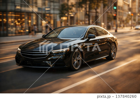Black Luxury Sedan Driving Through Modern City Street Black Luxury Sedan Driving Through Modern City Street 137840260