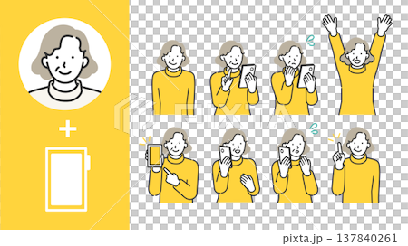 スマホを使うシニア女性・線画・タッチ・悩む・喜ぶ・困る・日常生活シーンセット 137840261