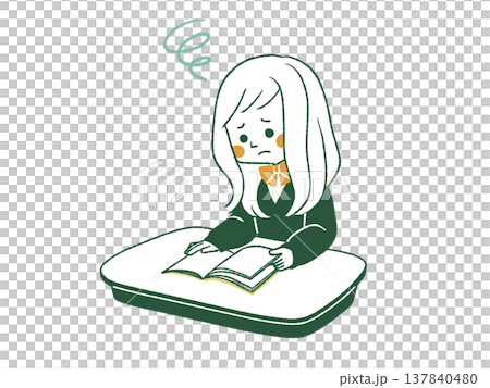 席で本を読んでいる困った表情の女子学生-4色 席で本を読んでいる困った表情の女子学生-4色 137840480