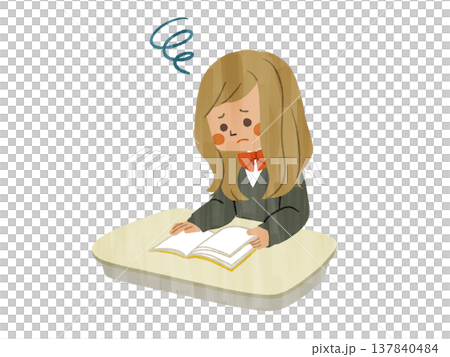 席で本を読んでいる困った表情の女子学生-ガッシュ 席で本を読んでいる困った表情の女子学生-ガッシュ 137840484