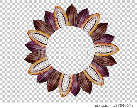Cocoa beans and pods watercolor round frame. Superfood clip art. Hand-drawn watercolor illustration on a white background. For chocolate and cocoa product designs. Cocoa beans and pods watercolor round frame. Superfood clip art. Hand-drawn watercolor illustration on a white background. For chocolate and cocoa product designs. 137840578