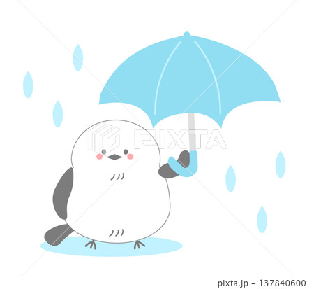 梅雨時期の雨の中青い傘をさすかわいいシマエナガのイラスト 137840600