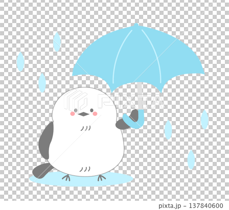 梅雨時期の雨の中青い傘をさすかわいいシマエナガのイラスト 137840600