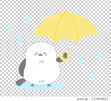 一幅插圖,描繪了一隻可愛的長尾山雀在雨季裡撐著一把黃色雨傘。 一幅插圖,描繪了一隻可愛的長尾山雀在雨季裡撐著一把黃色雨傘。 137840601