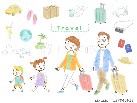 旅行に出かける家族4人と旅行モチーフのイラストセット 137840613
