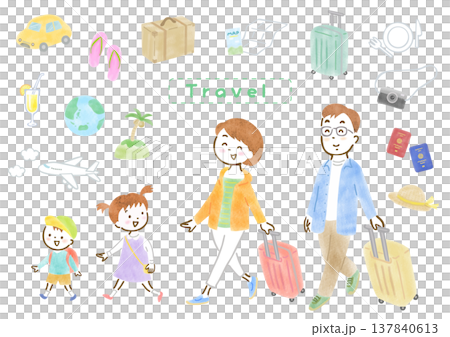 A set of illustrations featuring a family of four going on a trip and travel-themed illustrations. 137840613
