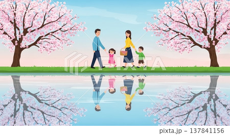 桜並木を歩む幸せな家族 137841156