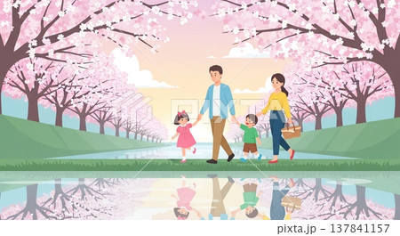 桜並木を歩む幸せな家族 137841157