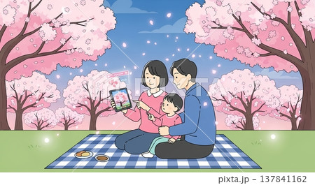 桜並木の下でスマホを楽しむ家族 137841162