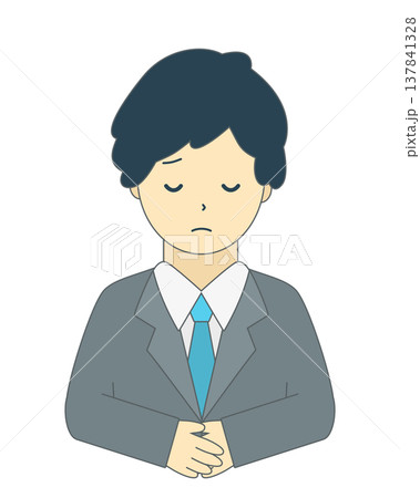 謝罪する男性会社員｜お詫び・お辞儀のビジネスマン（正面・上半身）シンプルイラスト素材 137841328
