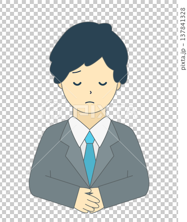 謝罪する男性会社員｜お詫び・お辞儀のビジネスマン（正面・上半身）シンプルイラスト素材 137841328