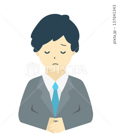 謝罪する男性会社員｜お詫び・お辞儀のビジネスマン（正面・上半身）シンプルイラスト素材 137841343