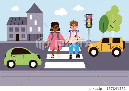 City street scene with children crossing road at traffic light, cars waiting for pedestrians. Flat cartoon schoolboy and schoolgirl, urban background. Road safety rules for kids, vector illustration 137841381