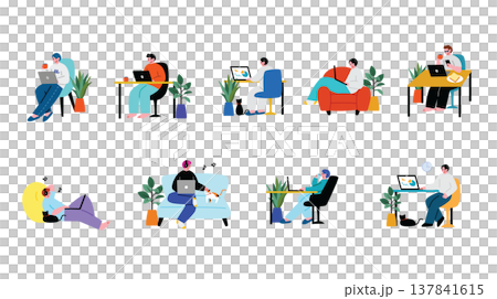 自宅でリモートで働く男性のイラストセット 137841615