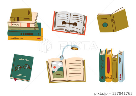 Books clipart set with stacks, open and closed books, reading glasses, clip on lamp, bookmarks and page holders. Cozy self care and reading hobby, aesthetic sticker vector illustration Books clipart set with stacks, open and closed books, reading glasses, clip on lamp, bookmarks and page holders. Cozy self care and reading hobby, aesthetic sticker vector illustration 137841763
