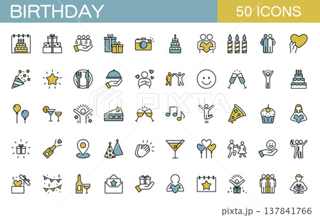 誕生日に関するラインアイコンセット　パーティー・プレゼント・お祝いなど　カラー 137841766