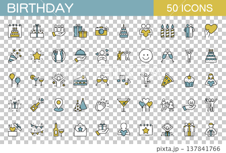 誕生日に関するラインアイコンセット　パーティー・プレゼント・お祝いなど　カラー 137841766