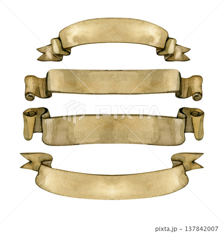 Hand-painted watercolor set of four vintage parchment banners. These antique paper scrolls feature aged textures and elegant curves, perfect for titles, headings, and heraldic wedding stationery. Hand-painted watercolor set of four vintage parchment banners. These antique paper scrolls feature aged textures and elegant curves, perfect for titles, headings, and heraldic wedding stationery. 137842007