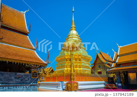 Landscape of Wat Phra That Doi Suthep or golden temple is famous visiting place or landmark and attraction of Chiang Mai, Thailand. Landscape of Wat Phra That Doi Suthep or golden temple is famous visiting place or landmark and attraction of Chiang Mai, Thailand. 137842189