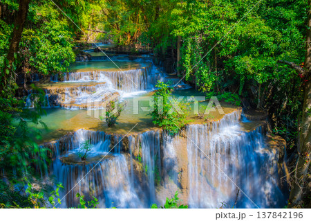 Landscape of Huai Mae Khamin waterfall Srinakarin Is a waterfall in the deep forest at Kanchanaburi, Thailand. 137842196