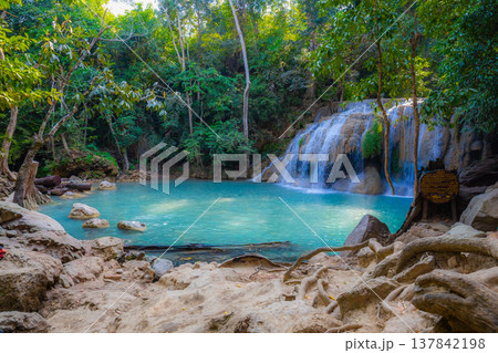 Landscape of Erawan waterfall in national park Is a waterfall in the deep forest at Kanchanaburi, Thailand. Landscape of Erawan waterfall in national park Is a waterfall in the deep forest at Kanchanaburi, Thailand. 137842198