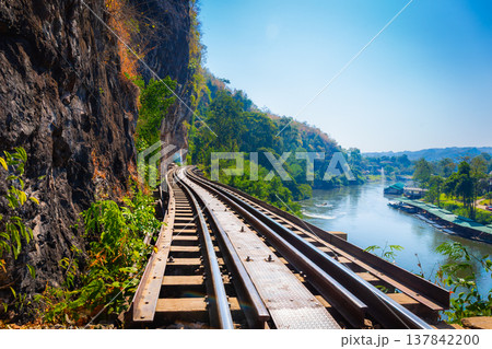 The Death Railway crossing kwai river with Krasae Cave in Kanchanaburi Thailand. Important landmark and destination to visiting and world war II history builted 137842200
