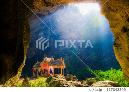 Amazing Phraya Nakhon cave in Khao Sam Roi Yot national park at Prachuap Khiri Khan Thailand is small temple in the sun rays in cave. Amazing Phraya Nakhon cave in Khao Sam Roi Yot national park at Prachuap Khiri Khan Thailand is small temple in the sun rays in cave. 137842206