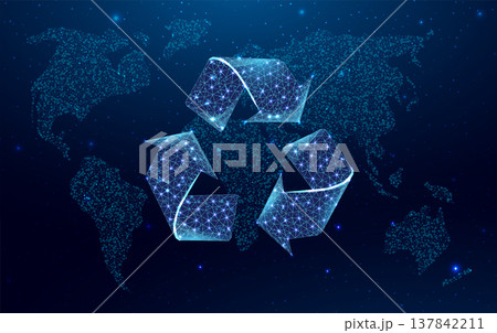 Wireframe polygonal recycling signwith globe map. Glowing blue lowpoly wireframe on a dark background. Vector illustration design concept of Environment day. Wireframe polygonal recycling signwith globe map. Glowing blue lowpoly wireframe on a dark background. Vector illustration design concept of Environment day. 137842211
