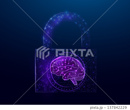 Human brain in padlock. Cyber mind concept with glowing low poly brain in lock on dark blue background. Wireframe low poly design. Abstract futuristic vector illustration. 137842229