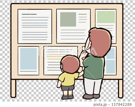 パネル展示を見る父親と子供 137842289