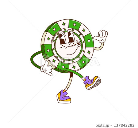Cartoon groovy green casino chip character with cheerful smile, walking and singing in purple sneakers. Funky psychedelic vector personage for groovy game night mascots, or quirky promotional design 137842292