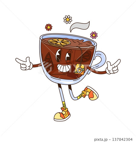 Cartoon groovy tea cup character. Isolated vector cheerful transparent teacup retro breakfast personage with teabag and lemon slices, exuding nostalgic funky vibes. Hot herbal drink mug evokes fun 137842304