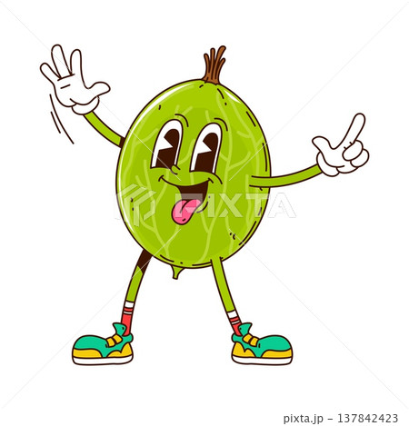 Cartoon groovy gooseberry character. Ripe, juicy gooseberry in green sneakers with cheerful smile. Retro vector mascot for summer food branding, garden themed graphics, or playful berry illustrations 137842423