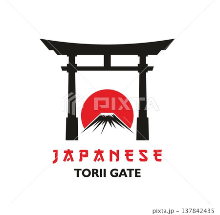Temple entrance Japanese Torii gate and mountain peak icon. Minimalist emblem featuring Torii gate, Mount Fuji with rising sun behind it. Red black vector symbol for travel agency Temple entrance Japanese Torii gate and mountain peak icon. Minimalist emblem featuring Torii gate, Mount Fuji with rising sun behind it. Red black vector symbol for travel agency 137842435